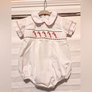 Boys Smocked White Baby Romper with Candy Cane Embroidery